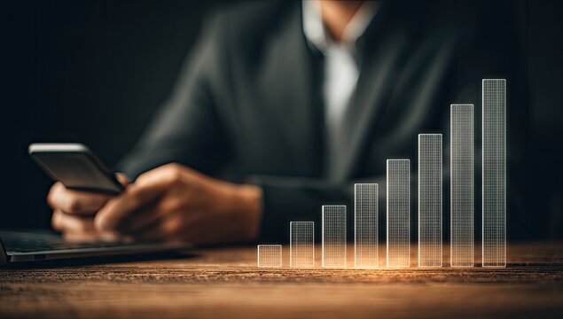 Businessperson uses phone, overlaying growth chart