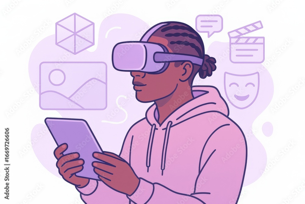 Poster engaged user experiencing immersive virtual reality through stylish headset complemented by digital 