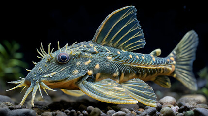 Fototapeta premium Captivating armored catfish with intricate markings swims gracefully through a natural aquarium habitat, showcasing vibrant fins and detailed texture.