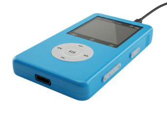 Isolated azure blue portable music player with a black cable against neutral backdrop studio