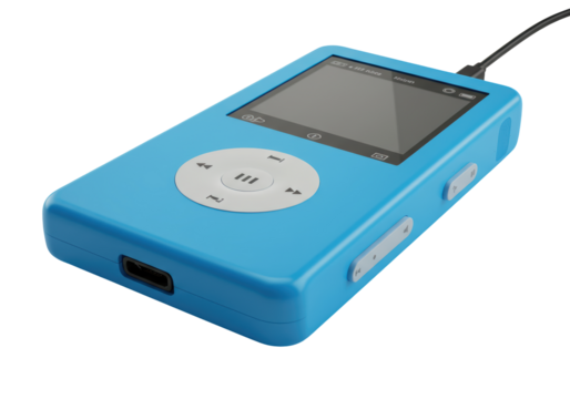 Isolated azure blue portable music player with a black cable against neutral backdrop studio
