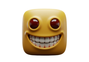 Isolated yellow square emoticon with menacing red eyes, wide creepy smile with exposed teeth