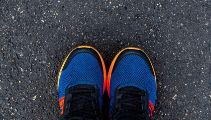 Two vibrant blue running shoes sit atop a dark asphalt surface, showcasing bold orange accents and a black sole.