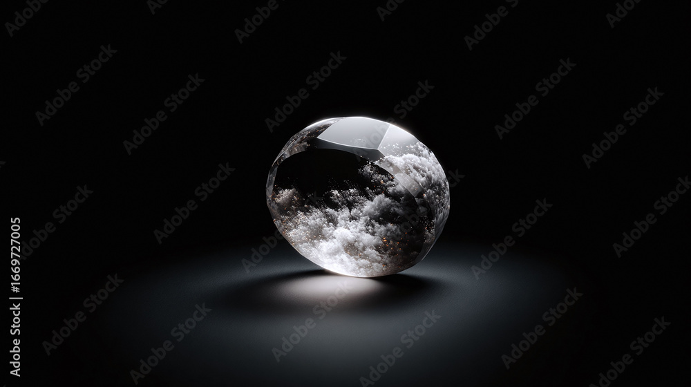 Poster captivating abstract. a multifaceted crystal orb containing a swirling vortex of light and clouds, r