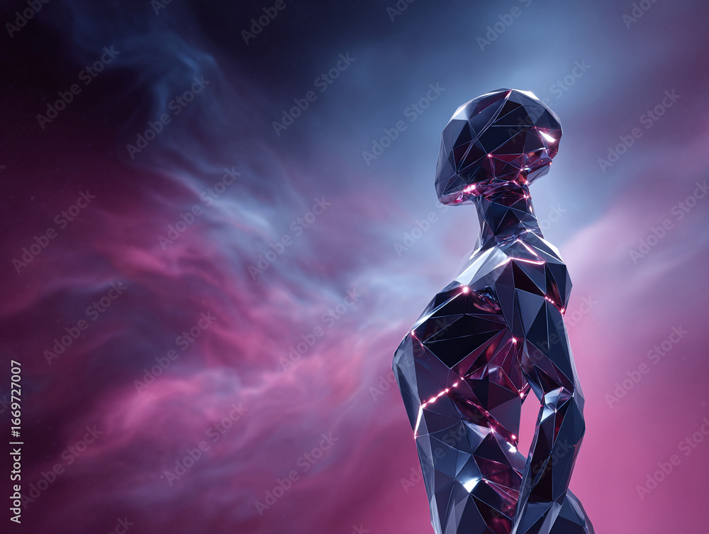 Poster futuristic low poly figure gazing into a colorful nebula. represents innovation, artificial intellig