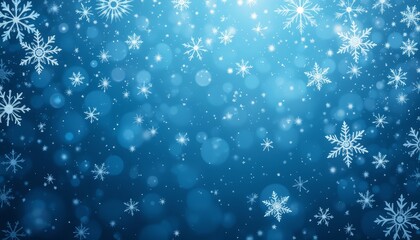 Blue bokeh with floating snowflakes dreamy winter texture ideal for festive cards, web headers, holidays, and social posts.