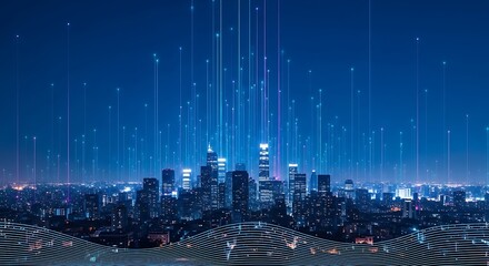 A nighttime cityscape, overlaid with a network of glowing lines, creating a futuristic and interconnected urban scene.