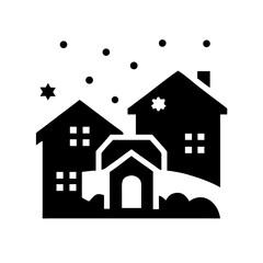Snowy Village Houses Icon – Festive Winter Scene with Glowing Windows, Holiday Town and Seasonal Landscape Vector Illustration