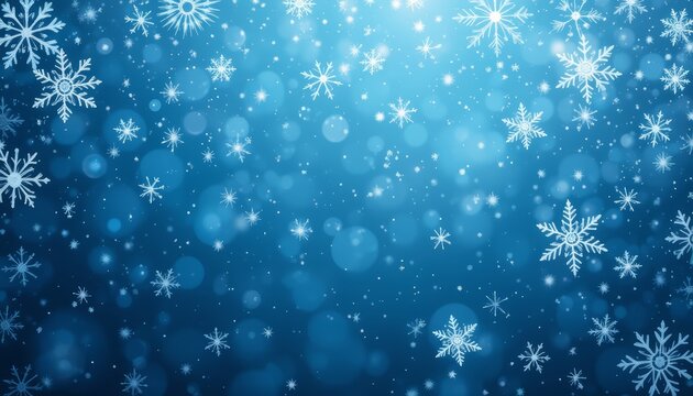 Blue bokeh with floating snowflakes dreamy winter texture ideal for festive cards, web headers, holidays, and social posts.