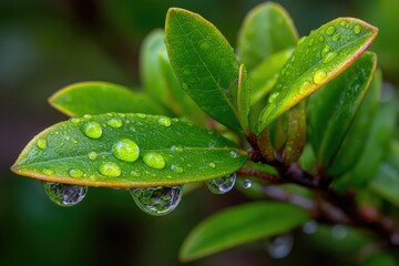 Fototapeta premium Close-up of wet leaves with dew drops