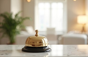 Shiny gold hotel service bell on marble countertop. Represents luxury hospitality, customer service, and elegant decor. Blurred background with soft light adds sophistication and focus to the object.