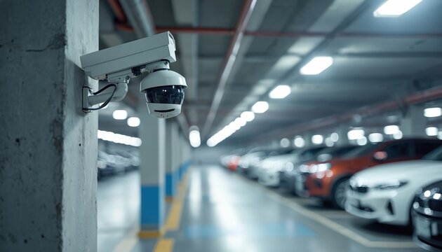 Surveillance camera monitors indoor parking garage for safety and security. CCTV equipment provides vehicle protection in urban car park. Technology system ensures observation and control.
