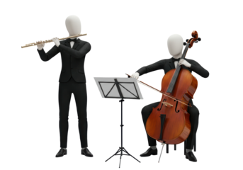 Isolated musical performance featuring a cello player and a flute player in tuxedo suits