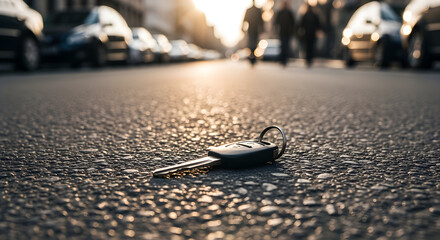 Lost car key lies on asphalt street with blurred cars and people in background during day