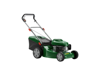 Isolated green lawn mower for mowing lawns, grass cutting device used for gardening work