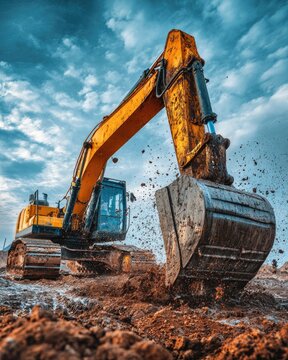 Heavy excavator working in muddy terrain