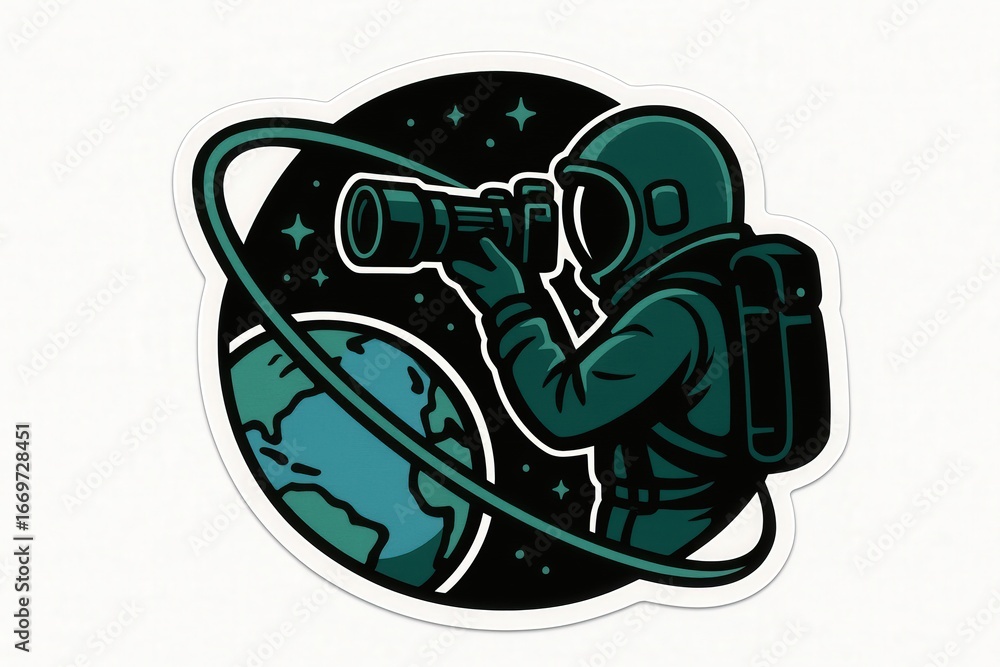 Aufkleber astronaut surveying earth with a camera in an enchanting cosmic backdrop highlighting the wonders of