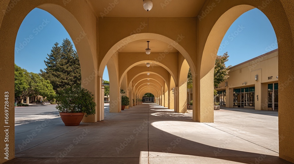 Poster Arched Walkway Perspective: A long, covered walkway with repeating arches creates a tunnel effect, blending architectural design with the surrounding landscape.