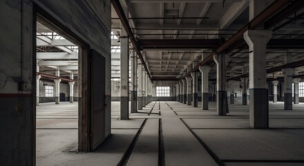 An expansive, empty industrial space with high ceilings and prominent support columns, bathed in muted light.
