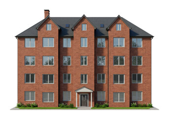 Fototapeta premium Isolated brick apartment building with grey roof, front view, architectural rendering