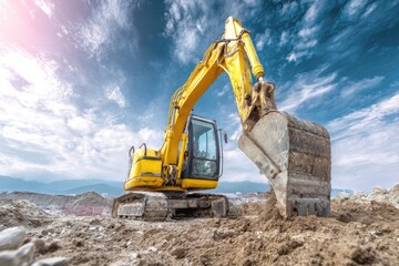 Obraz premium Yellow excavator on construction site, dramatic sky (2)