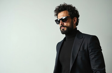 Obraz premium Serious man with beard wears black suit, turtleneck, sunglasses. Isolated on grey studio background. Confident, stylish, tough look. Represents bodyguard, secret agent, mafia boss or businessman.