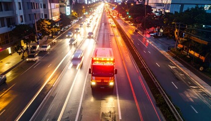 City Lights: A red truck navigates a bustling highway at night, the vibrant streaks of passing headlights illuminating its path. The photo showcases the energy and movement of urban transport.
