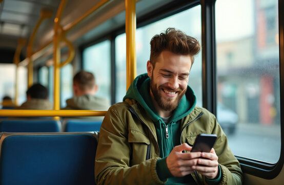 Young man happily uses smartphone during city bus commute. Sits inside public transport, wearing casual clothes, enjoying mobile connectivity. Urban commute routine modern lifestyle, digital