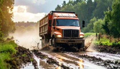 Obraz premium Muddy Trail: A sturdy dump truck navigates a rough, muddy trail, its robust design perfectly suited to the rugged terrain, kicking up splashes and navigating the mire.