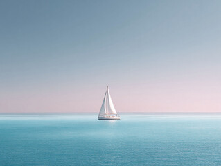 Obraz premium Serene seascape featuring a sailboat gliding on calm turquoise waters under a pastel sky. Symbolizes freedom, journey, minimalism, and tranquility. Ideal for travel or lifestyle.