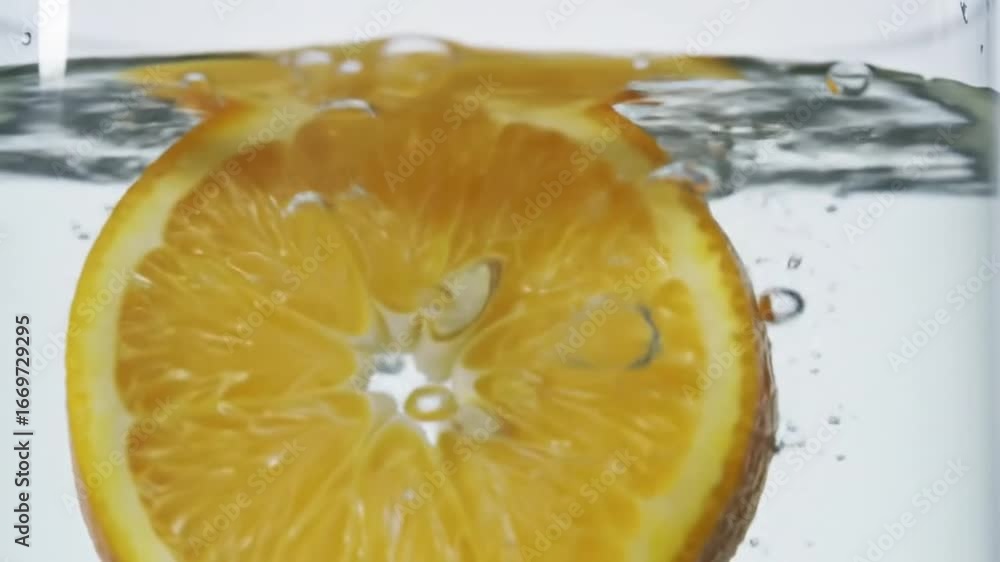 Poster refreshing orange slice sinking in sparkling water a close-up view