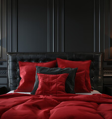 Red bedding and pillows on a dark bed in a luxurious bedroom.