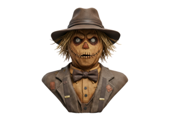 Isolated Creepy Scarecrow Portrait Bust in Suit and Bowtie with Hat, Halloween Decor