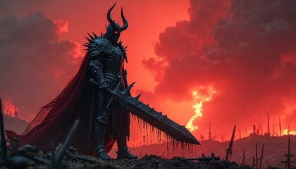 Ominous dark knight stands with horned helmet, spiked armor, red cloak. Holding dripping sword on desolate battlefield under dramatic red sky with fiery clouds. Gothic warrior embodies danger, evil,