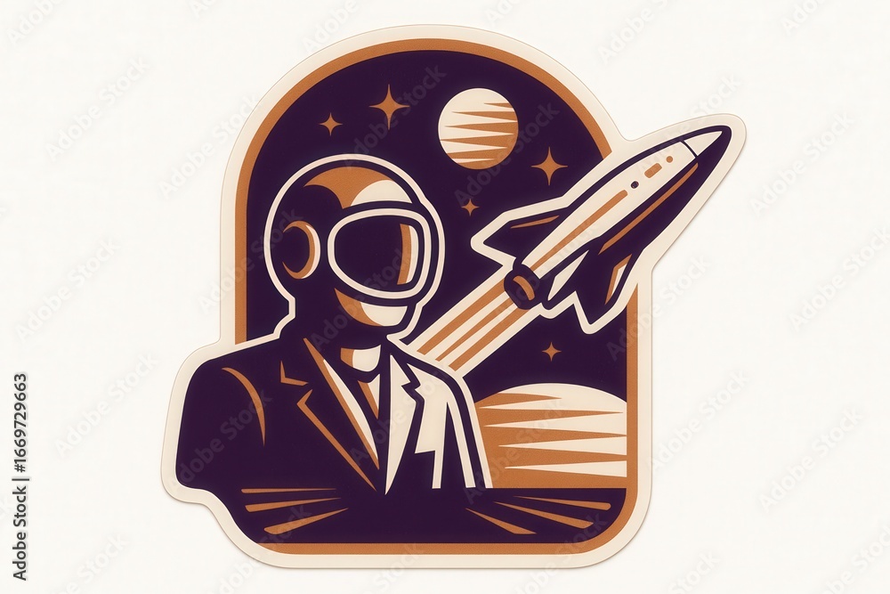 Aufkleber futuristic astronaut poised in a sleek suit against a cosmic backdrop featuring a rocket launch illu