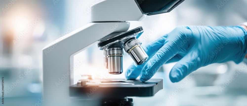 Poster the microscope and gloved hand adjusting slide in modern laboratory research setting