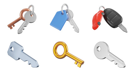Keys, 3D icon set. House keys, car keys, keychains, and vintage gold key in different angles. Security, access, personal belongings, and everyday use. 3D object on a transparent background