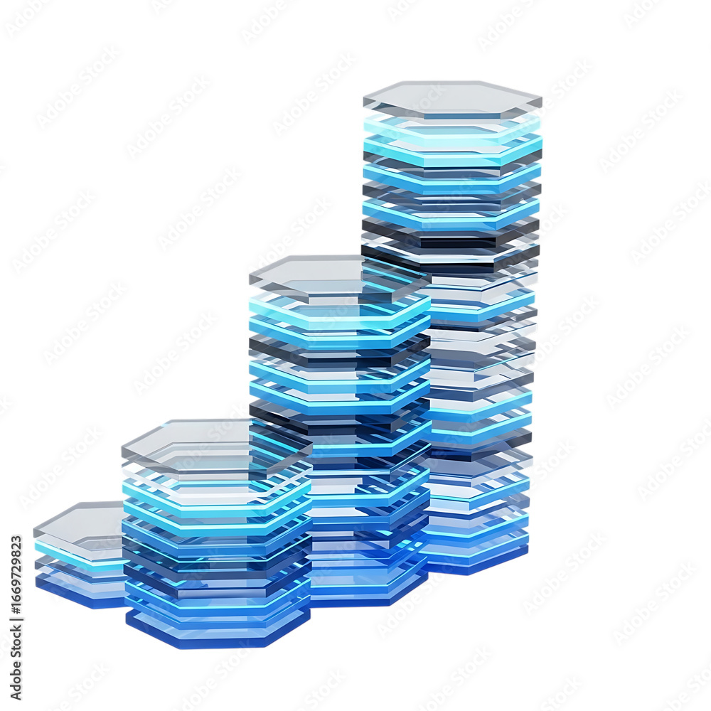 Poster modern futuristic blue hexagonal stacked progress bar icon representing growth and advancement isola