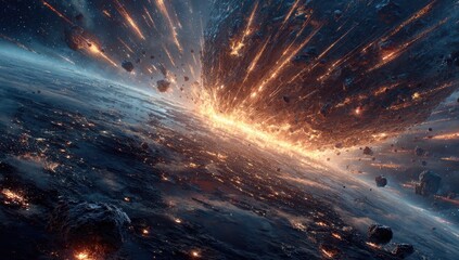 Cosmic impact. Planet under asteroid barrage