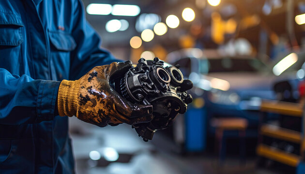 Mechanic holding car part after repair with expertise at auto service shop, looking ready