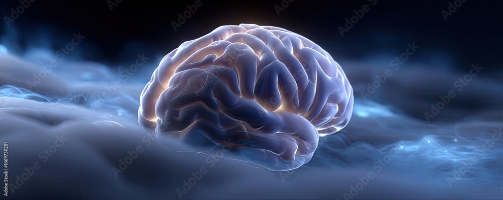 Poster brain fog and concentration problems concept. a surreal depiction of a brain floating in ethereal cl