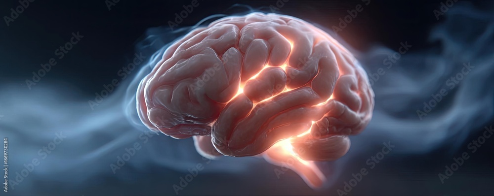 Poster brain fog and concentration problems concept. a glowing brain emitting light, symbolizing intelligen