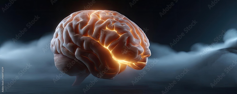 Poster brain fog and concentration problems concept. conceptual image of a glowing brain symbolizing creati