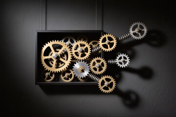 A surreal simple frame in dark wall shows reveals clock gears turning, mechanisms spilling outward
