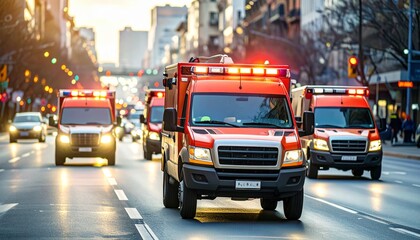 Emergency Response in the City: A convoy of ambulances races through a bustling city street, their lights flashing, symbolizing urgent care and medical assistance in an urban environment.
