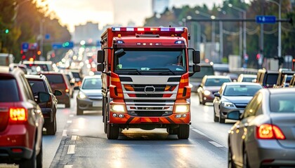 Traffic Gridlock: A powerful truck navigates through a traffic-choked highway, surrounded by a sea of cars in a dynamic urban scene. A vivid depiction of modern transport and city life.