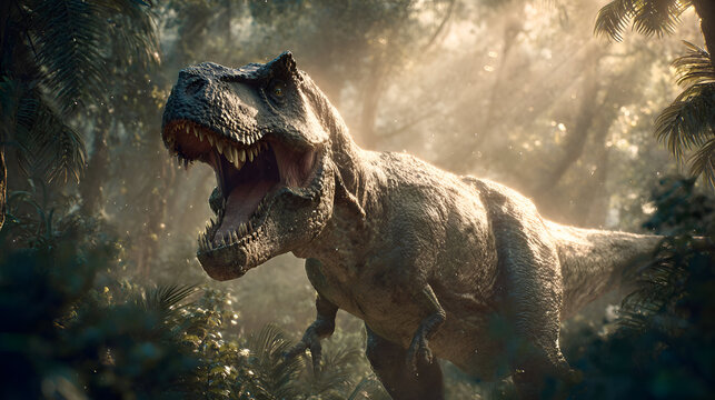 Majestic Tyrannosaurus Rex roars in lush prehistoric jungle, capturing raw power and ancient wonder for immersive projects