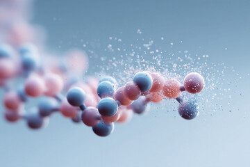 Abstract scientific visualization of a molecular structure in pink and blue tones, with delicate particles. Illustrates science, research, and innovation. Ideal for healthcare, tech.