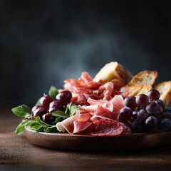 Elegant charcuterie board with cured meats, cheese, grapes, and crusty bread. Appetizing culinary display, perfect for gourmet food, entertaining or restaurant themes.