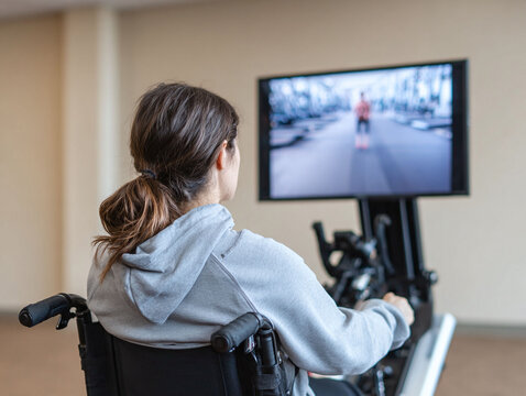 Woman in wheelchair exercising with adaptive equipment, watching a fitness video. Concept health, rehabilitation, determination, active lifestyle. Use for inclusivity campaigns.